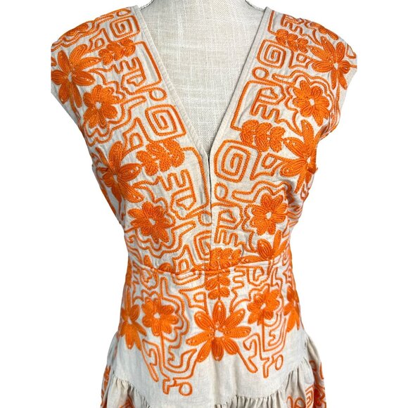 Maje Beige & Orange Embroidered Floral Sleeveless Dress Size 40 - Picture 5 of 9